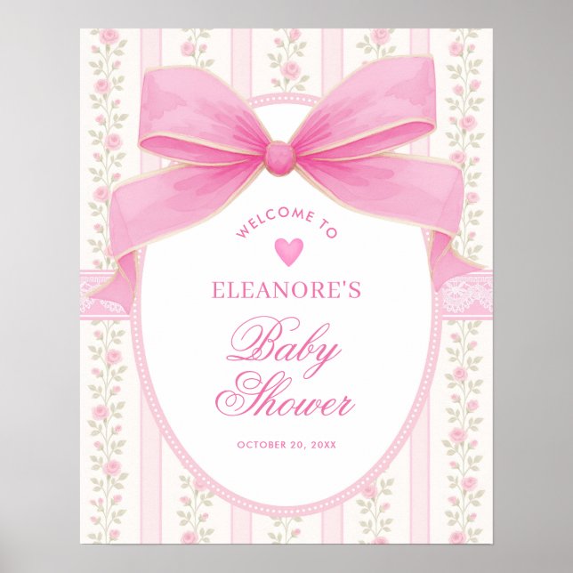 Coquette Pink Bow Roses Girl Baby Shower Welcome Poster (Front)