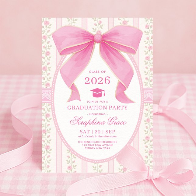 Coquette Pink Bow Shabby Chic Graduation Party Invitation (Creator Uploaded)