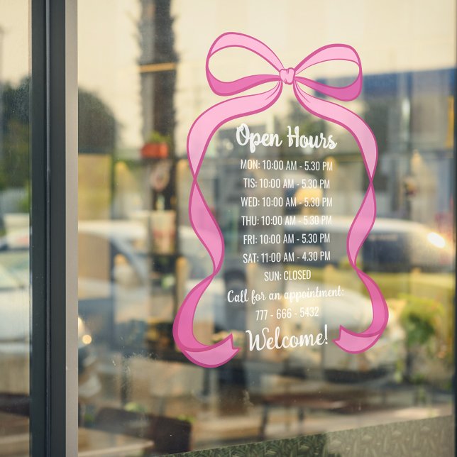 Coquette Pink Bow Small Business Open Hours Number Window Cling (Creator Uploaded)