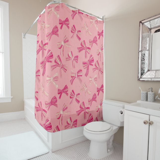 Coquette Pink Bow Stripe Seamless Pattern Shower Curtain (In Situ)