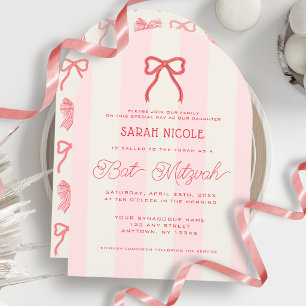 Coquette Pink Bow & Stripes Bat Mitzvah Invitation