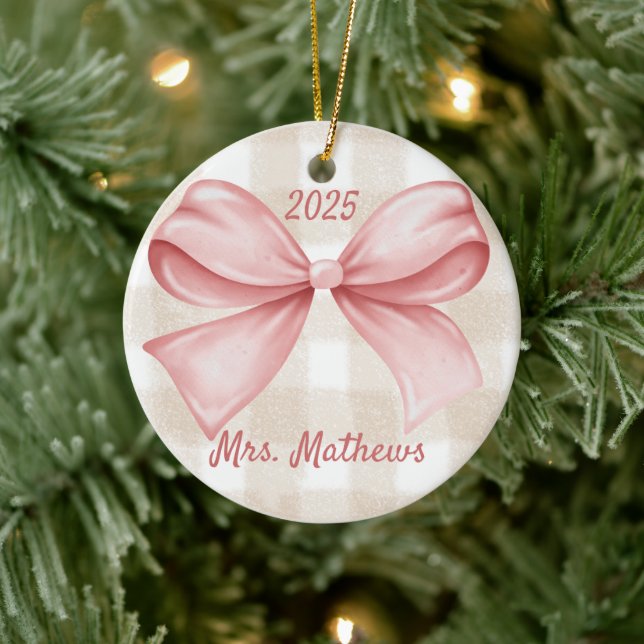 Coquette Pink Bow Teacher Custom Christmas Ceramic Tree Decoration (Tree)