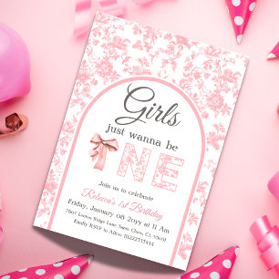Coquette Pink Bow Toile Girl First 1st Birthday Invitation