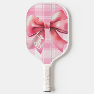 Coquette Pink Bow Watercolor Plaid Name Pickleball Paddle