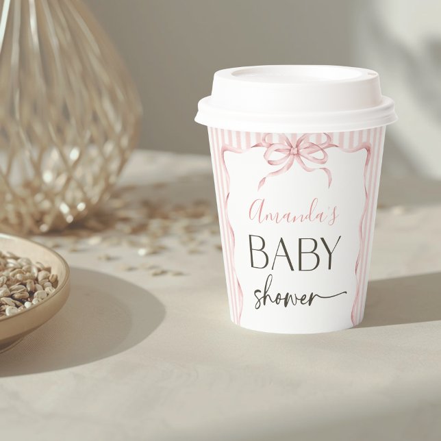 Coquette Pink Bow Wavy Stripe Girl Baby Shower Paper Cups (Creator Uploaded)