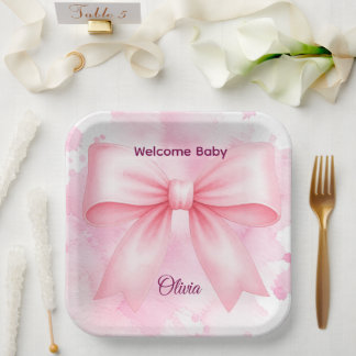 Coquette Pink Bow Welcome Baby Paper Plate