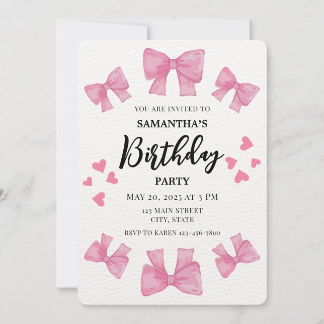 Coquette Pink Bows and Hearts Birthday Party Invitation (Front)