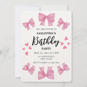 Coquette Pink Bows and Hearts Birthday Party Invitation