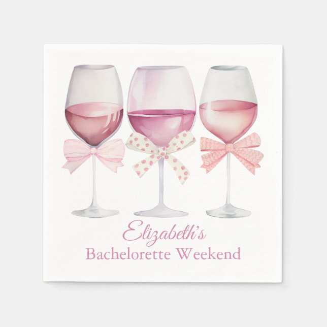 Coquette Pink Bows and Wine Bachelorette Napkin (Front)