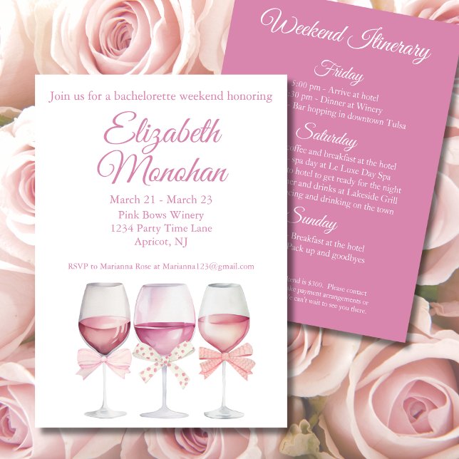 Coquette Pink Bows and Wine Bachelorette Weekend Invitation (Creator Uploaded)