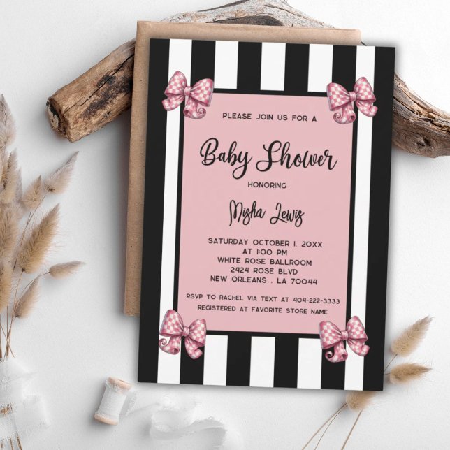 Coquette Pink Bows Black Stripe Baby Shower Invitation (Creator Uploaded)