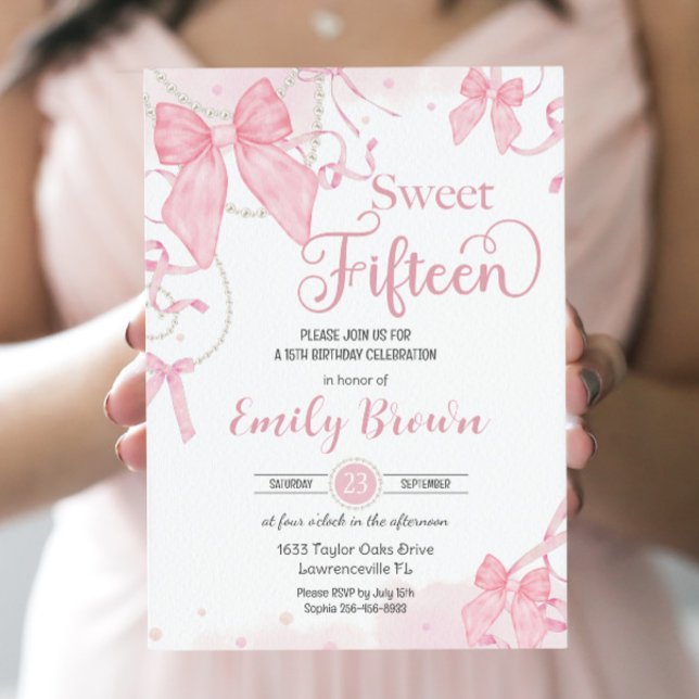 Coquette Pink Bows Pearls Sweet Fifteen Birthday Invitation (Creator Uploaded)