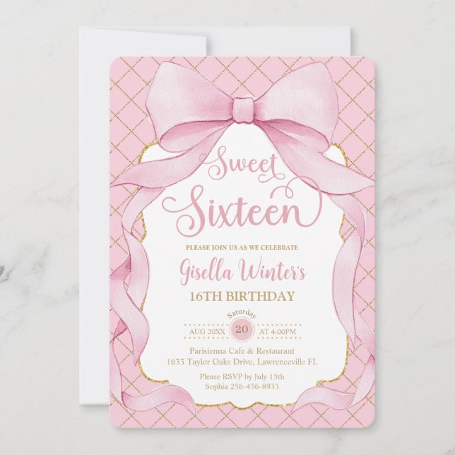 Coquette Pink Bows Sweet Sixteen 16 16th Birthday Invitation (Front)