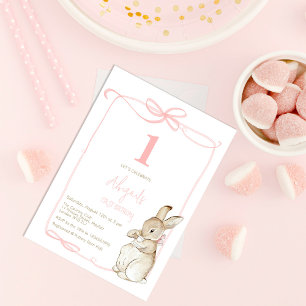 Coquette Pink Bunny Rabbit Girl 1st Birthday Invitation