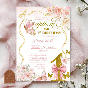 Coquette Pink Butterfly baptism and first birthday Invitation