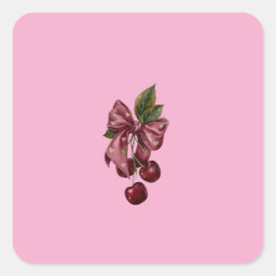 Coquette Pink Cherry Ribbon Lumbar Pillow Square Sticker