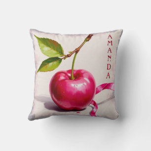Coquette Pink Cherry with Leaves and Ribbon Cushion