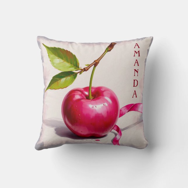Coquette Pink Cherry with Leaves and Ribbon Cushion (Back)
