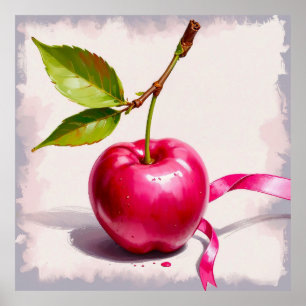 Coquette Pink Cherry with Leaves and Ribbon Poster