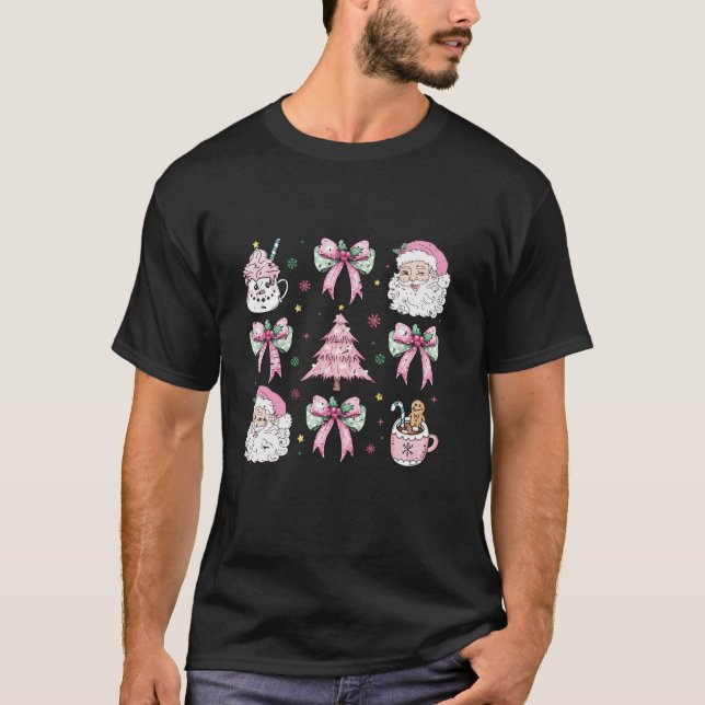 Coquette Pink Christmas Bow Santa Coffee Latte Gir T-Shirt (Front)