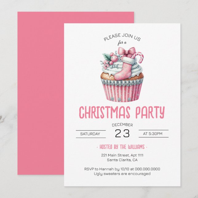 Coquette Pink Cupcake Christmas Party Invitation (Front/Back)