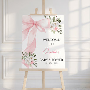 Coquette Pink Floral Bow Baby Shower Welcome Sign