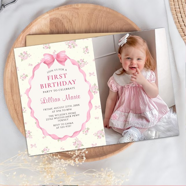 Coquette Pink Floral Bow Birthday Photo Invitation (Creator Uploaded)