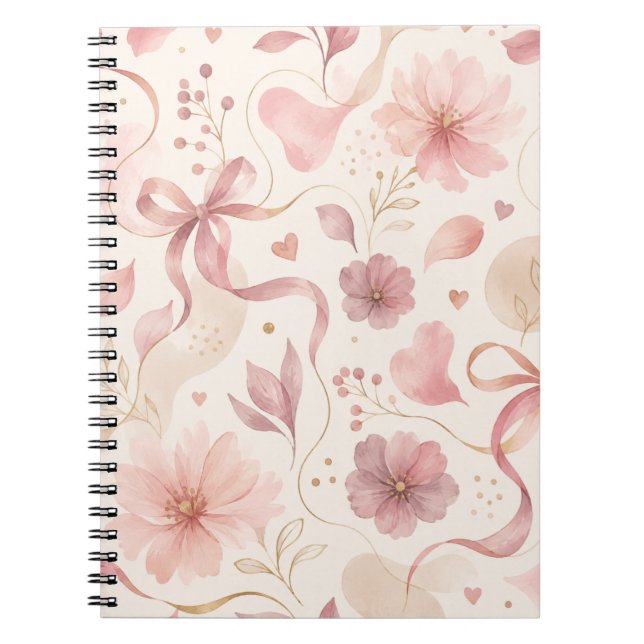 Coquette Pink Floral Bow Spiral Notebook (Front)