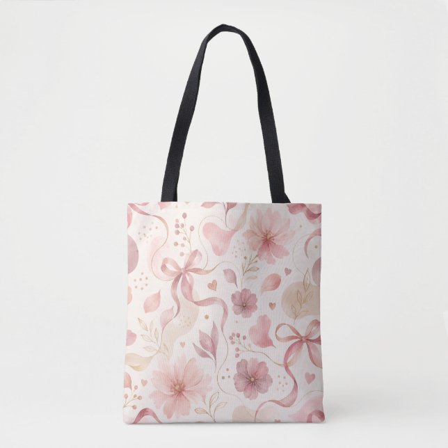 Coquette Pink Floral Bow Tote Bag (Front)