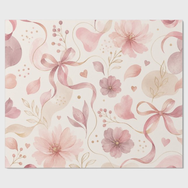 Coquette Pink Floral Bow Wrapping Paper (Flat)