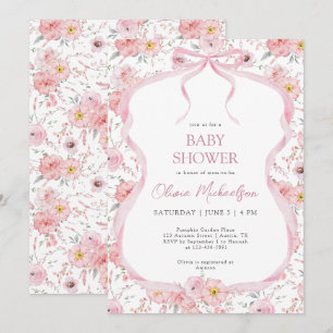 Coquette Pink Floral Ribbon Bow Girl Baby Shower Invitation