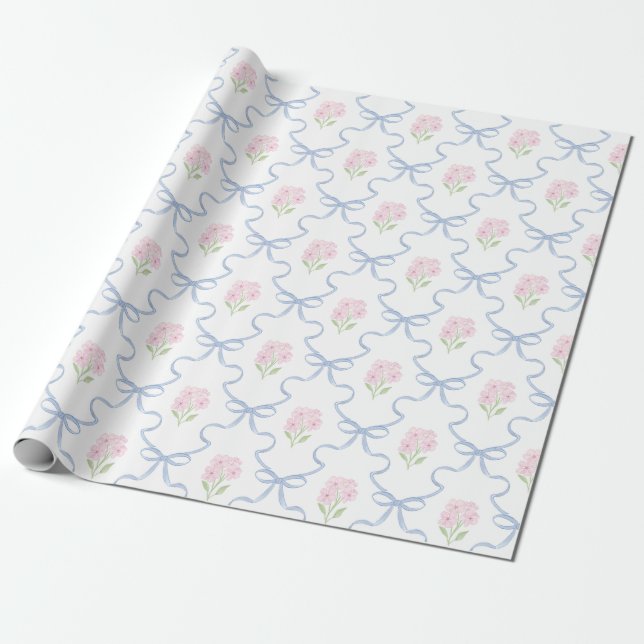 Coquette Pink Forget-Me-Nots Blue Bow Trellis Wrapping Paper (Unrolled)