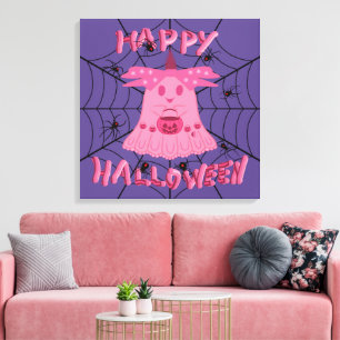 Coquette Pink Ghost Happy Halloween Digital Art Canvas Print