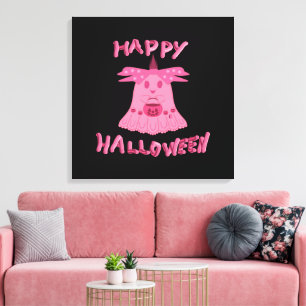 Coquette Pink Ghost Happy Halloween Digital Art Canvas Print
