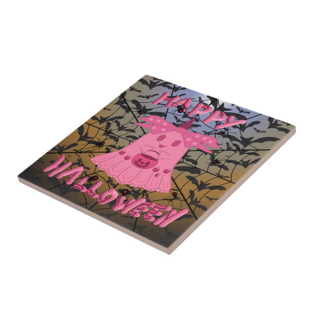 Coquette Pink Ghost Happy Halloween Digital Art Tile (Side)