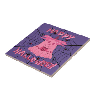Coquette Pink Ghost Happy Halloween Digital Art Tile