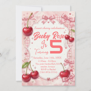 Coquette Pink Gingham Cherry birthday  Invitation