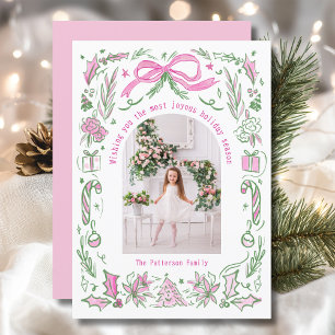 Coquette Pink Green Christmas Family Photo Holiday Card