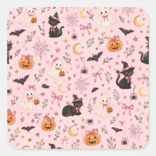 Coquette Pink Halloween Ghost Black Cat Pumpkin Square Sticker