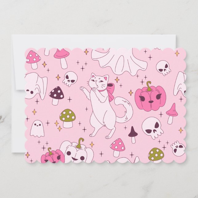 coquette pink halloween witch cat ghost skull  invitation (Front)