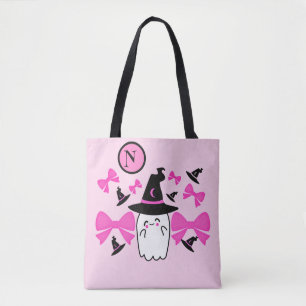 Coquette Pink Halloween Witchy Ghost Monogram Tote Bag