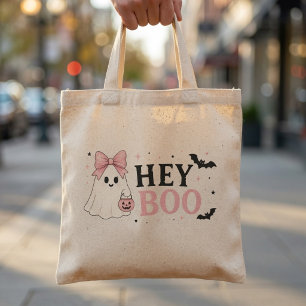 Coquette Pink Hey Boo Ghost Halloween Tote Bag