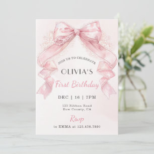 Coquette Pink Lace Bow Girl First Birthday Invitation