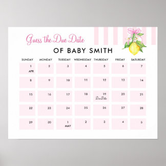 Coquette Pink Lemons Baby Shower Due Date Poster