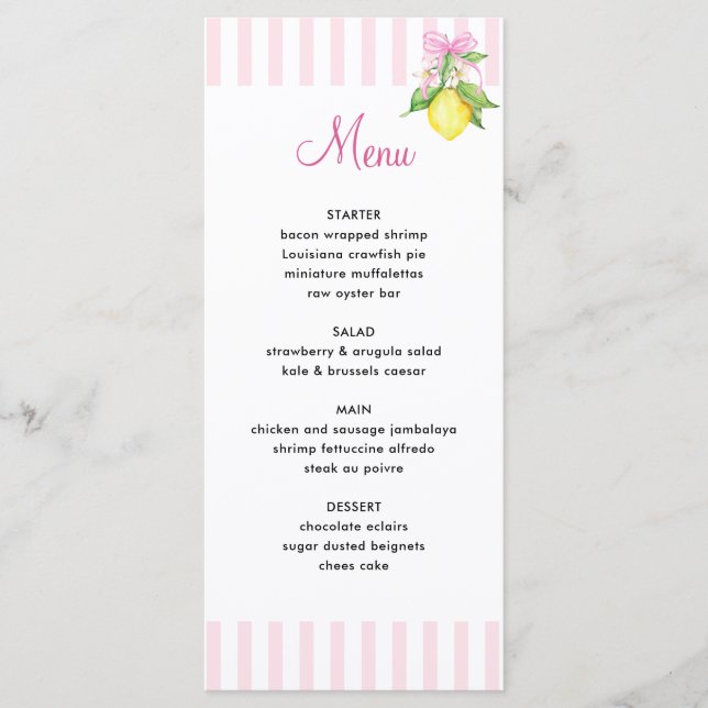Coquette Pink Lemons Baby Shower Menu (Front)