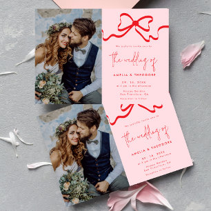 Coquette Pink Red Bow Photo Wedding Invitation