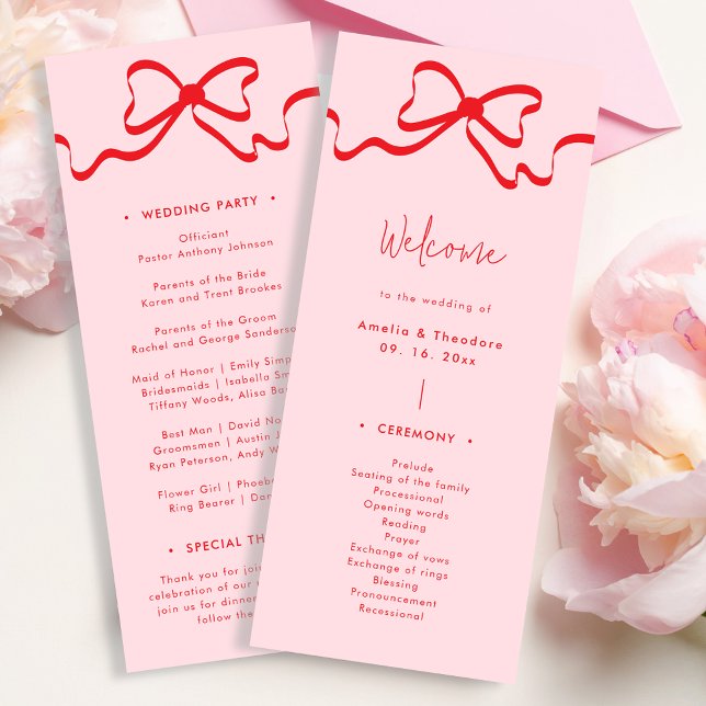 Coquette Pink Red Bow Wedding Program Invitation (Creator Uploaded)