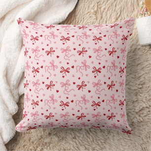 Coquette Pink Ribbon Bow & Heart Girly Valentine Cushion