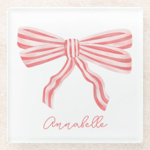 Coquette Pink Striped Bow Glass Coaster