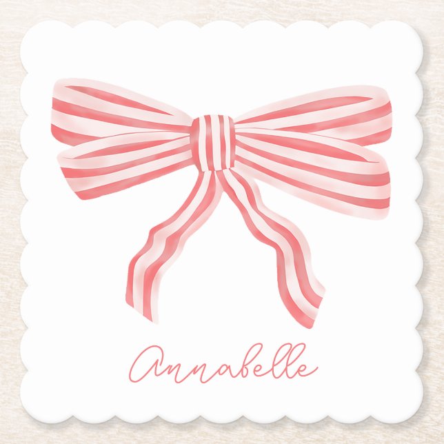 Coquette Pink Striped Bow Paper Coaster (Front)